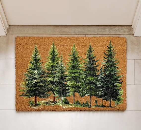 Pine Tree Forest Doormat, Christmas Tree Welcome Mat, Evergreen Woodland Xmas Decor, Nature Inspired Holiday Gift, Winter Front Porch Rug