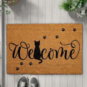 Cat Welcome Doormat, Black Cat Lover Coco Door Mat, Cute Kitten Paw Print Coir Mat, Animal Lover Gift, Unique Pet Home Decor, New Home Gift