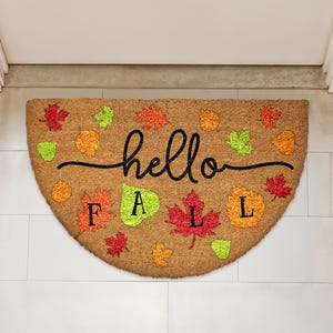 Hello Fall Doormat, Autumn Leaves Welcome Mat, Cute Seasonal Home Decor, Thanksgiving Housewarming Gift, Fall Harvest Front Porch Coco Rug