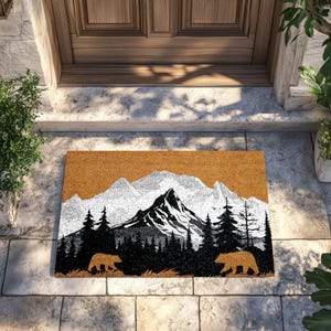 Mountain & Bear Doormat, Wilderness Home Decor, Woodland Welcome Mat, Nature Lover Gift, Outdoor Floor Rug, Mountain Landscape Entryway Mat