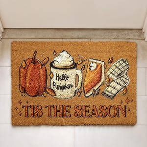 Tis the Season Doormat, Hello Pumpkin Front Door Mat, Fall Welcome Coir Rug, Autumn Entrance Floormat, Rustic Harvest Porch Decor