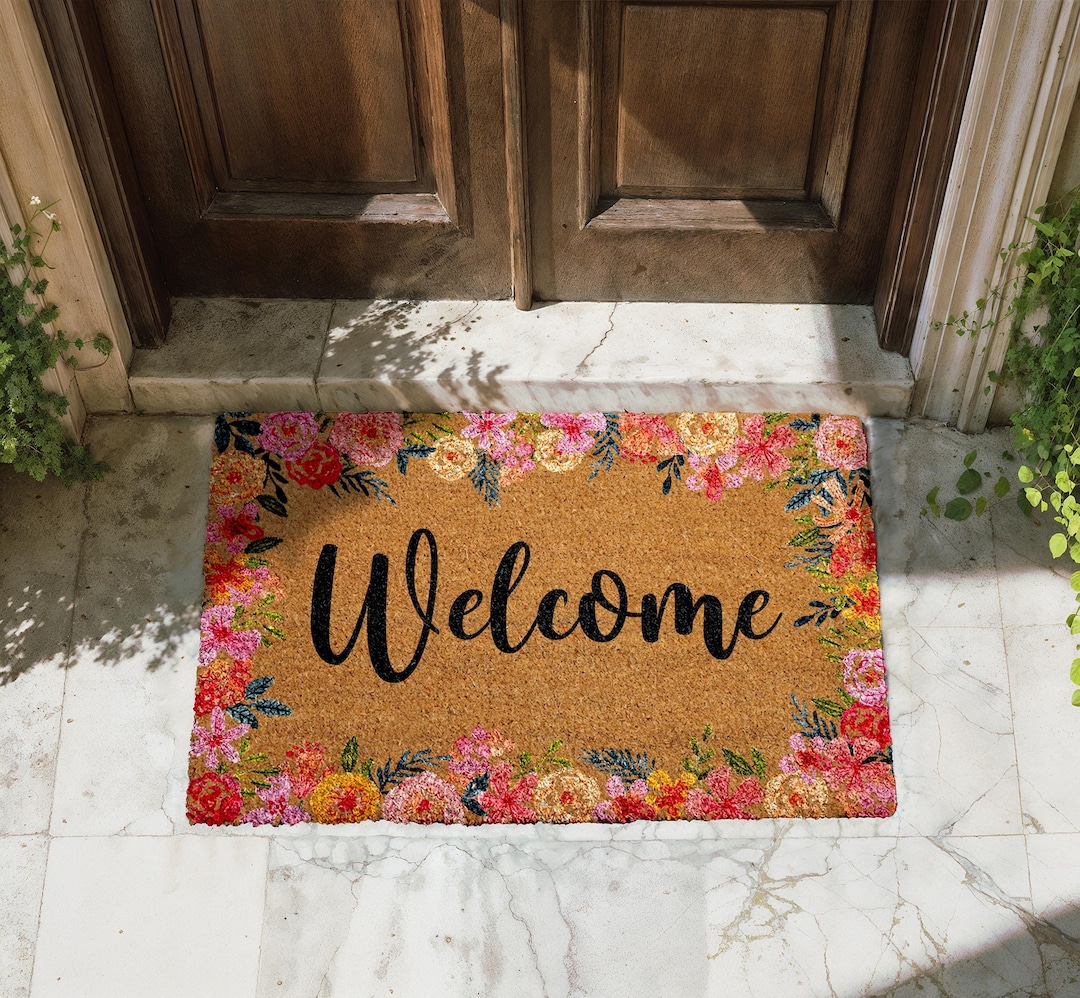 Welcome Floral Coco Doormat, Vibrant Flowers Rug, Housewarming Gift ...