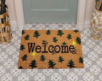 Christmas Tree Welcome Doormat, Sparkle Winter Door Mat, Xmas Trees Home Entrance Decor, Hoilday Porch Coir Rug, Housewarming Gift