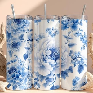 Elegant Blue Peony Flower Design Tumbler, Chinoiserie Porcelain Theme Floral Insulated Tumbler, Aesthetic Mother&#39;s Day Gift Coffee Tumbler
