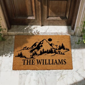 Personalized Mountain Doormat, Custom Family Name Welcome Mat, Mountain & Forest Entryway Door Mat, Retro Home Decor, Outdoor Adventure Rug