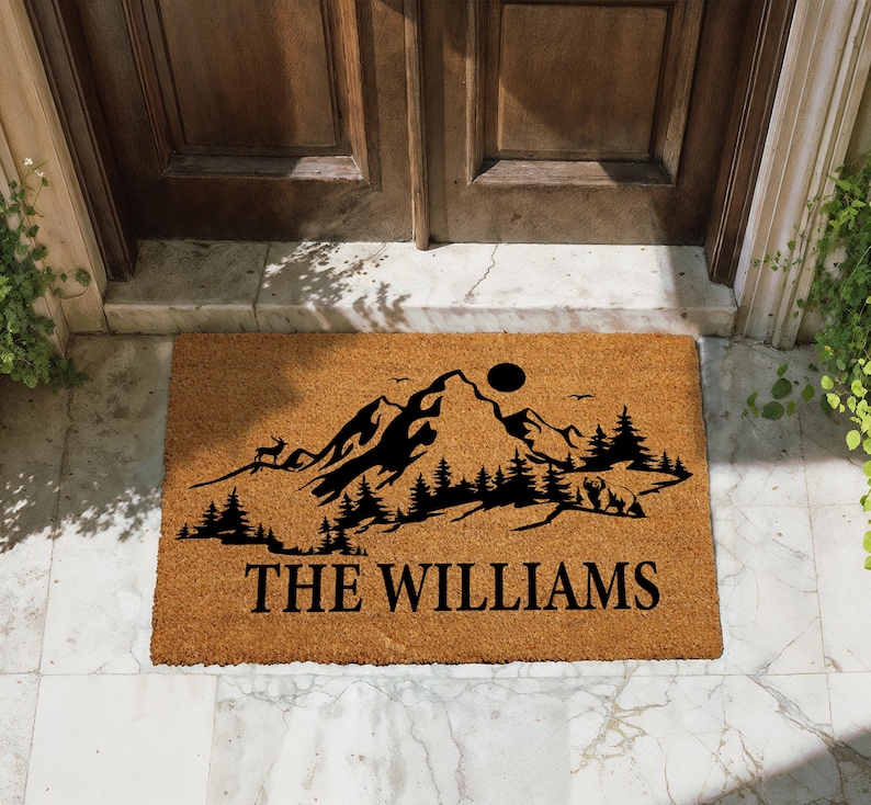 Personalized Mountain Doormat, Custom Family Name Welcome Mat, Mountain & Forest Entryway Door Mat, Retro Home Decor, Outdoor Adventure Rug