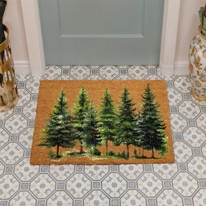 Pine Tree Forest Doormat, Christmas Tree Welcome Mat, Evergreen Woodland Xmas Decor, Nature Inspired Holiday Gift, Winter Front Porch Rug