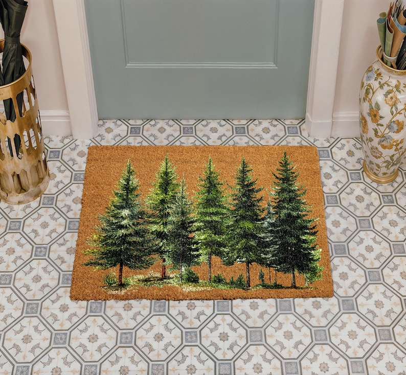 Pine Tree Forest Doormat, Christmas Tree Welcome Mat, Evergreen Woodland Xmas Decor, Nature Inspired Holiday Gift, Winter Front Porch Rug