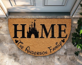 Personalized Family Doormat, Castle Theme Welcome Mat, Custom Name Entry Rug, Housewarming Gift, Front Porch Decor