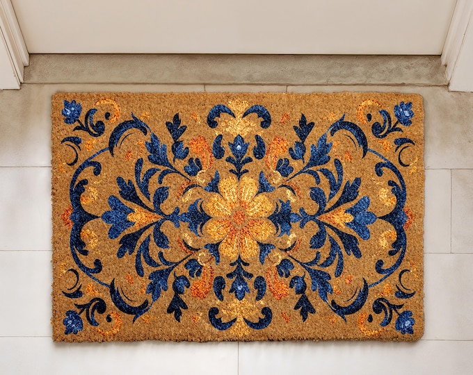 Vintage Carpet Style Flower Doormat, Boho Floral Entry Rug, Outdoor Welcome Mat with Persian-Inspired Design, Spring Front Door Decor
