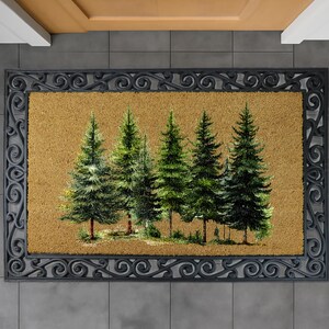 Pine Tree Forest Doormat, Christmas Tree Welcome Mat, Evergreen Woodland Xmas Decor, Nature Inspired Holiday Gift, Winter Front Porch Rug