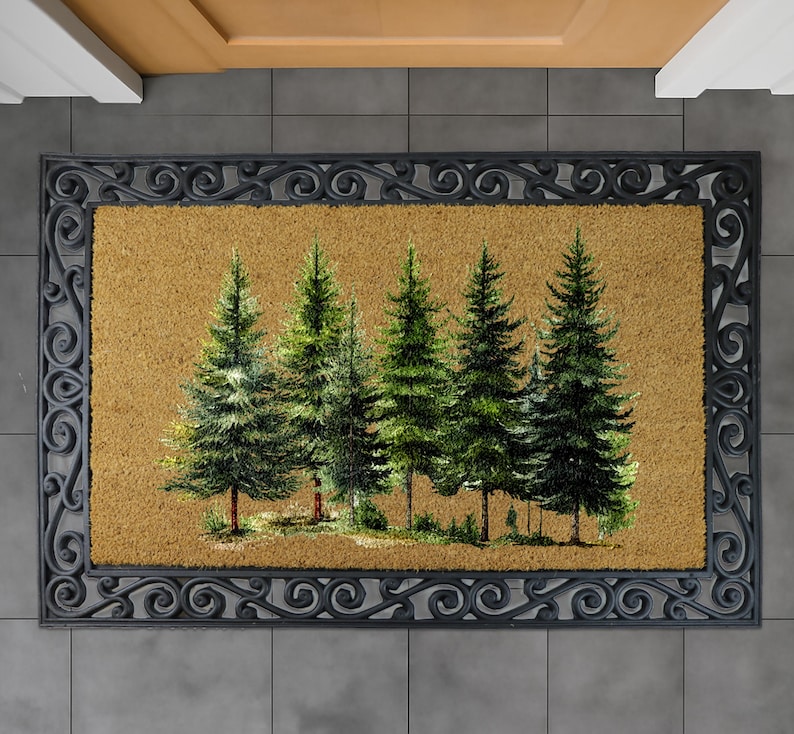 Pine Tree Forest Doormat, Christmas Tree Welcome Mat, Evergreen Woodland Xmas Decor, Nature Inspired Holiday Gift, Winter Front Porch Rug