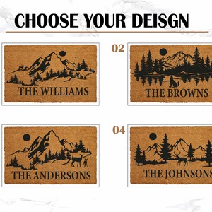 Personalized Mountain Doormat, Custom Family Name Welcome Mat, Mountain & Forest Entryway Door Mat, Retro Home Decor, Outdoor Adventure Rug