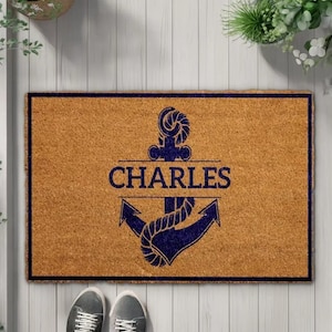 Personalized Anchor Doormat, Custom Family Name Welcome Mat, Nautical Door Mats, Boat Owner Floor Coco Rug, Coastal Beach House Decor