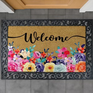 Floral Welcome Doormat, Flower Entryway Mat, Wedding Home Gift, Natural Coir Mat, Flower Outdoor Decor, Front Door Floor Rug