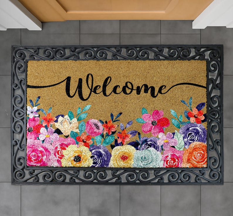 Floral Welcome Doormat, Flower Entryway Mat, Wedding Home Gift, Natural Coir Mat, Flower Outdoor Decor, Front Door Floor Rug