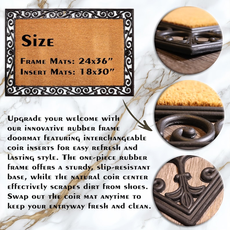 The image is a product advertisement for a 24-36" frame mat and 18-30" insert mat. The ad highlights the mat's innovative rubber frame, which allows for easy refresh and lasting style, and features a sturdy, slip-resistant base. The mat also helps keep the entryway clean by preventing dirt from getting into shoes.