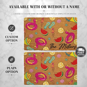 Felpudo de verano personalizado, felpudo de bienvenida colorido para casa de playa, regalo para fiesta en la piscina con flamencos y sandías