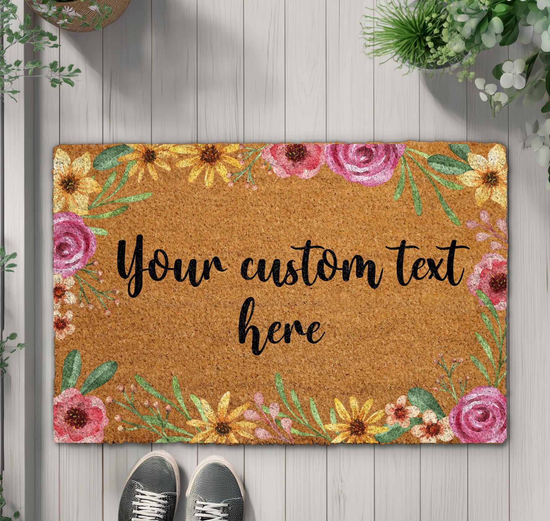 Floral Custom Text Here Doormat, Personalized Spring Flowers Home Decor, Colorful Wildflower Rug, Cute Front Porch Mat, Housewarming Gift