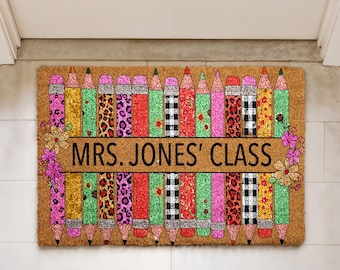 Custom Classroom Doormat, Personalized Teacher Name Welcome Mat, Teacher Appreciation Gift, Back to School Class Decor, Pencil Design Mat