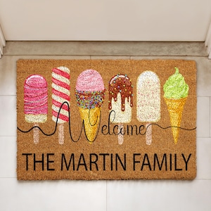 Personalized Ice Cream Welcome Mat, Custom Family Name Popsicle Doormat, Summer Last Name Door Mat, Popsicle & Ice Cream Customizable Rug
