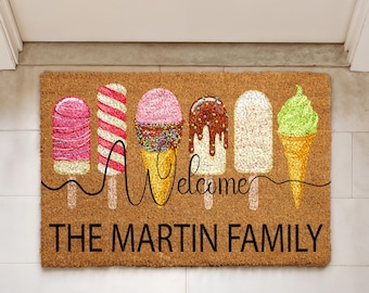 Personalized Ice Cream Welcome Mat, Custom Family Name Popsicle Doormat, Summer Last Name Door Mat, Popsicle & Ice Cream Customizable Rug