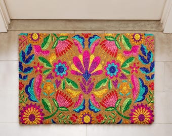 Vibrant Floral Coco Doormat, Vintage Flowers Door Mat, Colorful Entryway Welcome Mat, Bohemian Flowers Natural Coir Mat, Fiesta Floral Rug