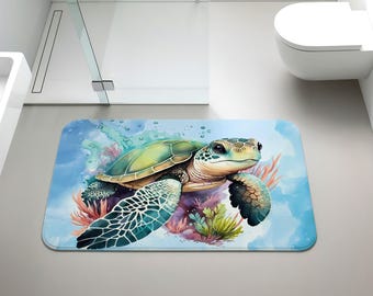 Sea Turtle Bath Mat, Coastal Ocean Animal Bathroom Rug, Nautical Non-Slip Shower Mat, Marine Life Bath Decor, Ocean Theme Housewarming Gift