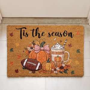 Tis The Season Doormat, Pumpkin Spice Latte & Football Welcome Mat, Thanksgiving Home Decor, Fall Leaves Front Porch Rug, Housewarming Gift