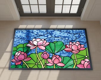 Stained Glass Lotus Doormat, Vibrant Floral Bath Mat, Botanical Art Rug