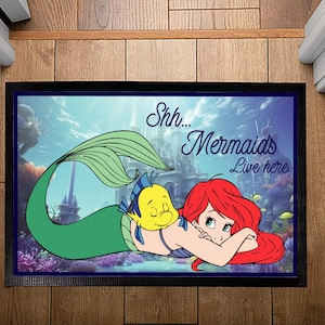 Mermaids Live Here Doormat, Disney Lover Welcome Mat, Movie Inspired Home Decor, Magical Under The Sea Mat, Kids Room Floor Mat