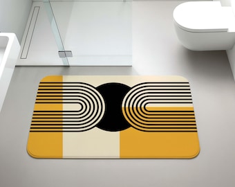 Mid Century Modern Bath Mat, Yellow & Black Geometric Bathroom Rug, Abstract Design Shower Mat, Non-Slip Bathroom Decor, Housewarming Gift