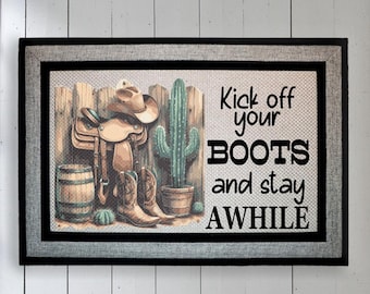 Kick Off Your Boots and Stay Awhile Doormat, Western Welcome Door Mat, Cowboy Boots Mat, Farmhouse Porch Decor, Country Home Entryway Rug