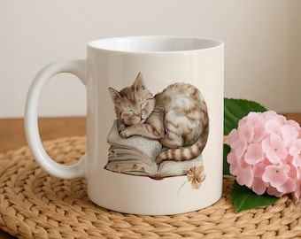 Cat Sleeping On Book Designed Ceramic Mug, Cozy Reading Theme Coffee Mug, Bookworm Gift Cute Pottery Tea Cup, Cat Lover Reader Drinkware