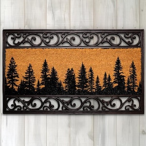Tree Silhouette Coir Door Mat, Rustic Nature Inspired Entryway Rug, Pine Tree Forest Coco Doormat, Nature Lover Gift, Woodland Welcome Mat