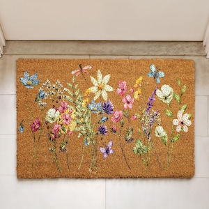 Spring Flowers Coir Doormat, Floral Front Porch Mat, Watercolor Wildflowers Home Decor, Housewarming Gift, New Home Entrance Floor Mat