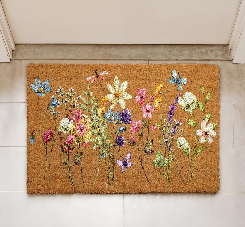 Spring Flowers Coir Doormat, Floral Front Porch Mat, Watercolor Wildflowers Home Decor, Housewarming Gift, New Home Entrance Floor Mat