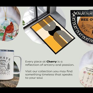The image is a collage of six different items, including a mug, a bird ornament, a door mat, a bee ornament, a sign, and a picture of a person.
