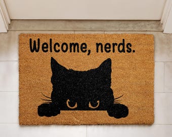 Welcome Nerds Doormat, Funny Cat Welcome Mat, Black Cat Lover Home Decor, Peeking Kitty Front Porch Rug, Humorous Housewarming Gift