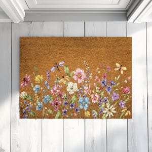 Floral Doormat, Wildflowers Welcome Mat, Spring Lover Home Decor, Housewarming Gift, Natural Coir Mat, Flower Porch Rug, Front Door Floormat