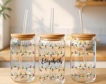 Custom Name Christmas Lights Can Glass Tumbler, Merry Christmas Gift For Her, Aesthetic Christmas Party Drinkware, Xmas Holiday Beer Glass