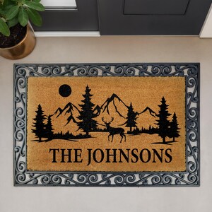 Personalized Mountain Doormat, Custom Family Name Welcome Mat, Mountain & Forest Entryway Door Mat, Retro Home Decor, Outdoor Adventure Rug
