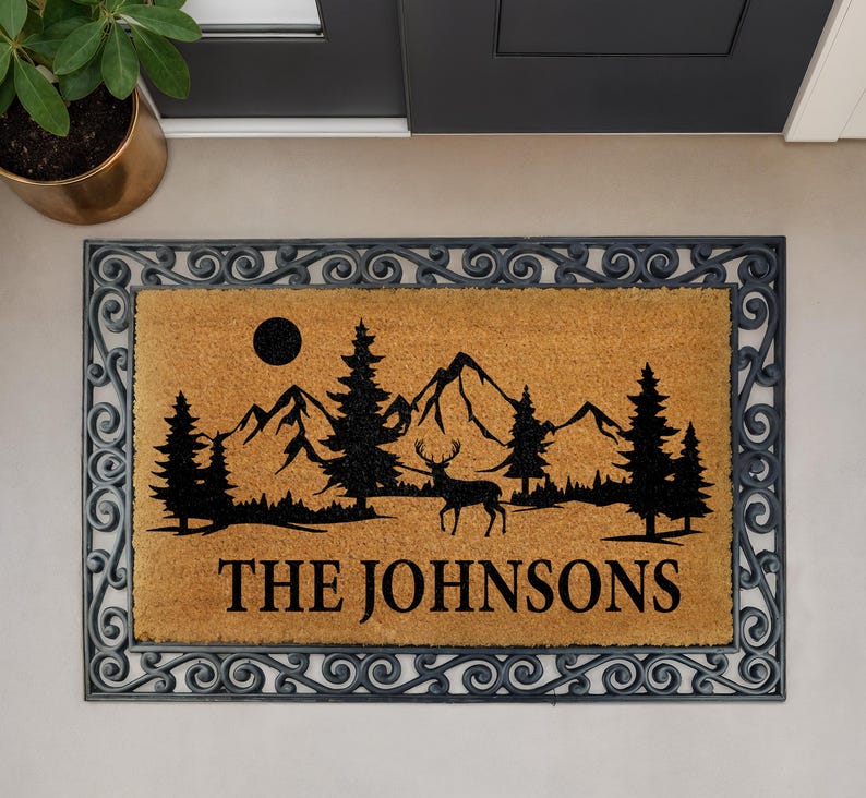 Personalized Mountain Doormat, Custom Family Name Welcome Mat, Mountain & Forest Entryway Door Mat, Retro Home Decor, Outdoor Adventure Rug