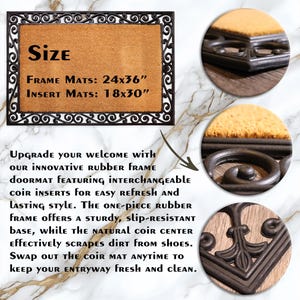 The image is a product advertisement for a 24-36" frame mat and 18-30" insert mat. The ad highlights the mat's innovative rubber frame, which allows for easy refresh and lasting style, and features a sturdy, slip-resistant base. The mat also helps keep the entryway clean by preventing dirt from getting into shoes.