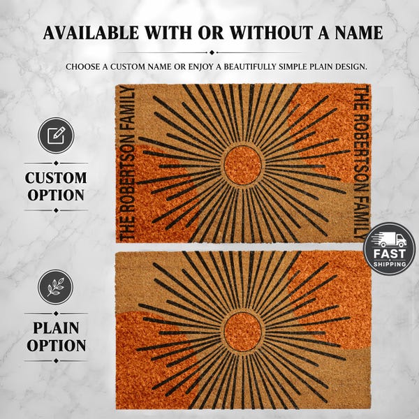 Custom Sunburst Doormat, Mid Century Welcome Mat, Modern Design Boho Entrance Rug, Front Porch Coir Decor, Housewarming Gift