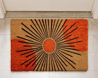 Felpudo Sunburst, Felpudo de bienvenida de mediados de siglo, Decoración moderna para el hogar, Alfombra de entrada Boho Starburst, Felpudo de fibra de coco para porche, Regalo de inauguración de la casa