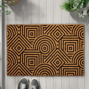 Modern Geometric Pattern Doormat, Minimalist Line Art Welcome Mat, Art Deco Housewarming Gift, Mid-Century Floor Mat, Circles & Squares Mat