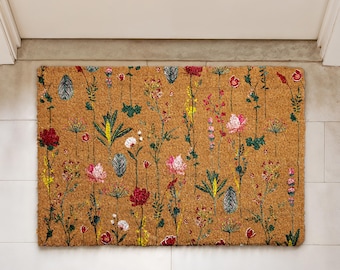 Wildflower Pattern Doormat, Boho Floral Welcome Mat, Spring Blossom Home Decor, Colorful Flowers Front Porch Coir Mat, Charming Entrance Rug