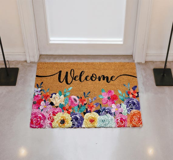 Floral Welcome Doormat, Flower Entryway Mat, Wedding Home Gift, Natural Coir Mat, Flower Outdoor Decor, Front Door Floor Rug