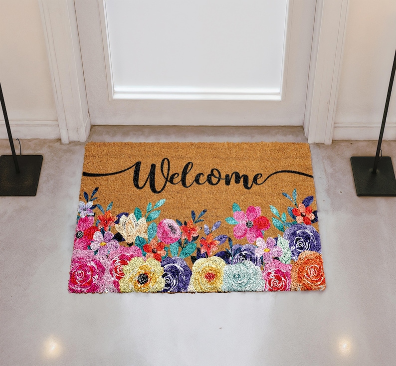 Floral Welcome Doormat, Flower Entryway Mat, Wedding Home Gift, Natural Coir Mat, Flower Outdoor Decor, Front Door Floor Rug afbeelding 1